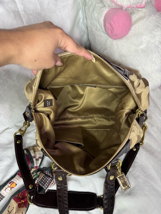 Coach Khaki and Brown Signature Satchel with Scarf Accent - Picture 5 of 6